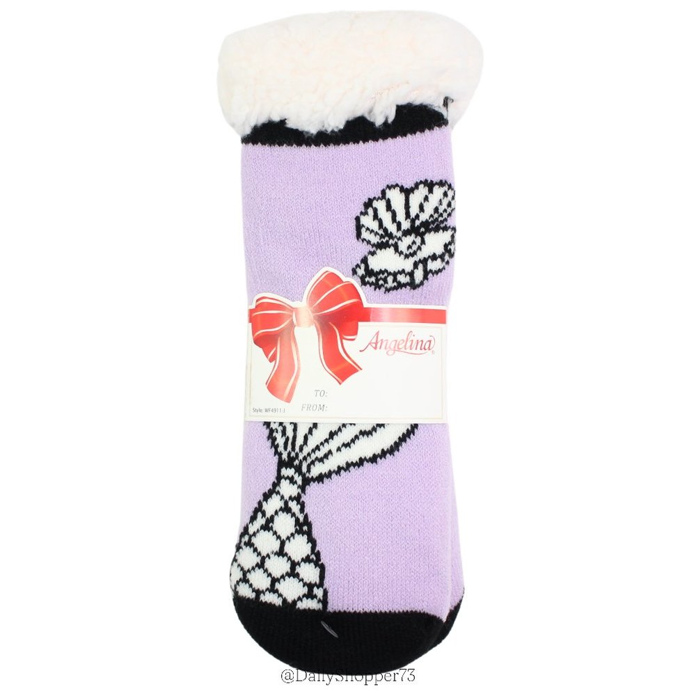 Angelina Women's Sherpa Lined Knit Pastel Purple Under the Sea Crew Slipper Sock
